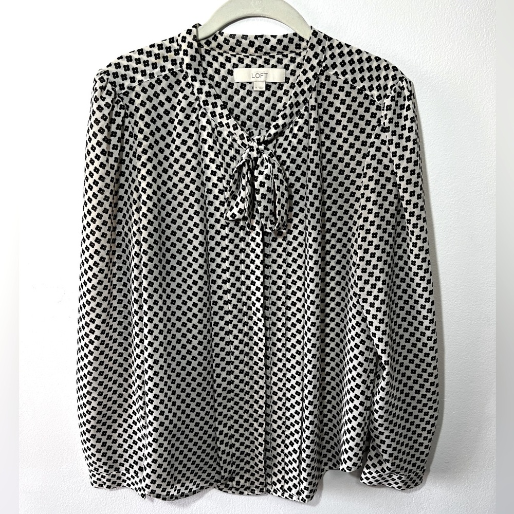Ann Taylor LOFT, long sleeve cream blouse with black flowers, M